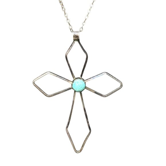 Vintage Larage Sterling Silver Cross Necklace Turquoise Centerpiece 2.5" Pendant - Picture 1 of 10
